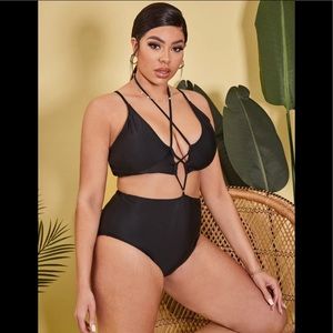 NWT Black Criss Cross Cut Out Halter Swimsuit L/XL